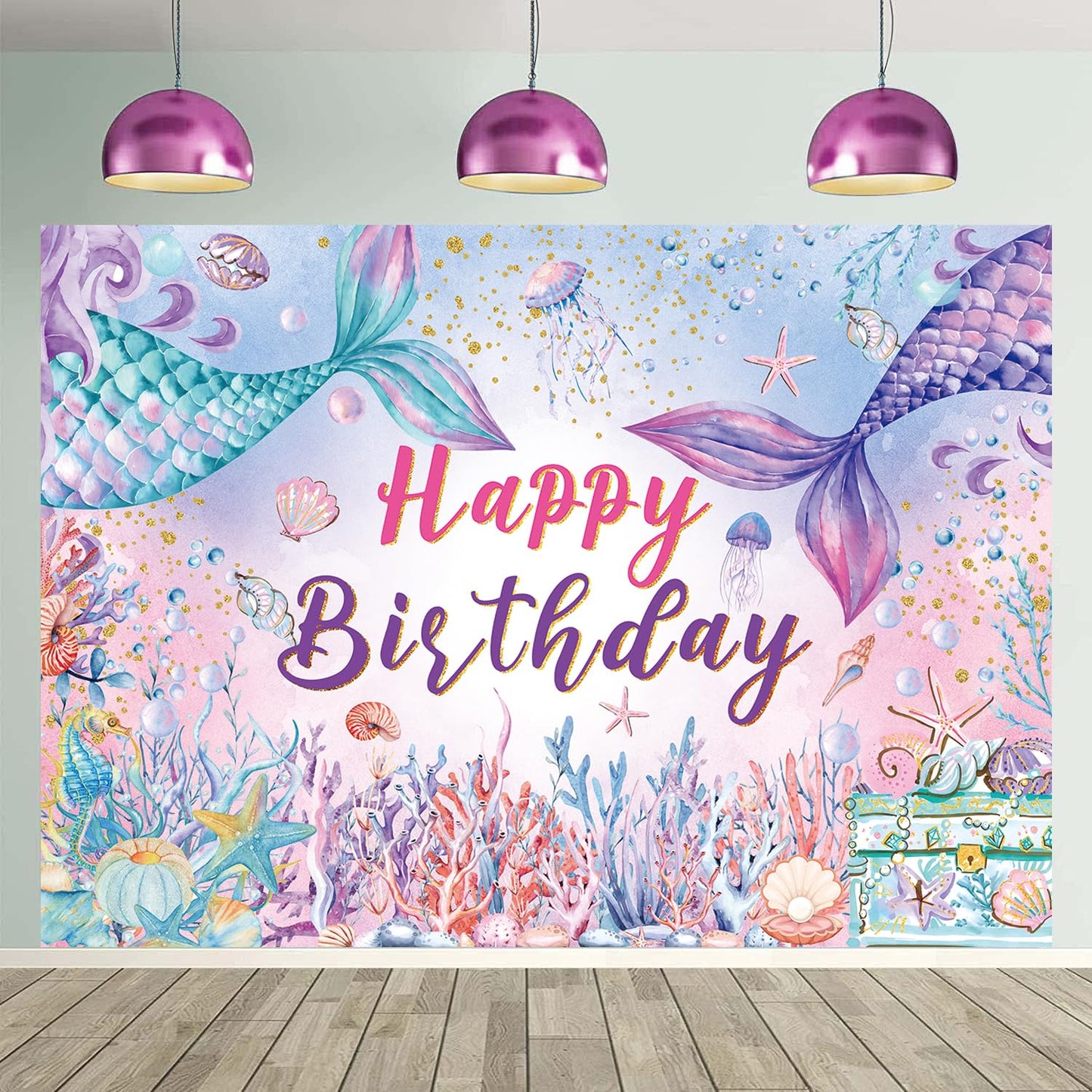Mermaid Happy Birthday Backdrop Fish Tail Coral Decoration Banner Marine Biological Background for Princess Girl Mermaid Theme B