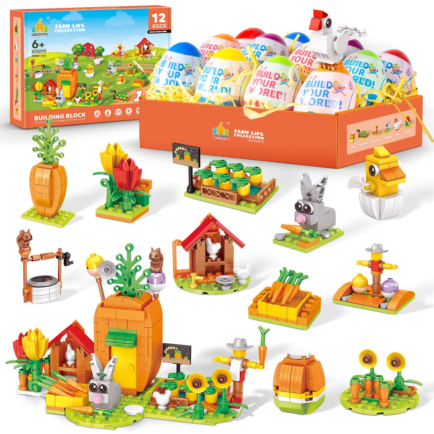 Easter Gifts Building Set For Kids - 12-In-1 Bunny Carrot House Building Toy With Prefilled Eggs, Fun Easter Basket Stuffer & De