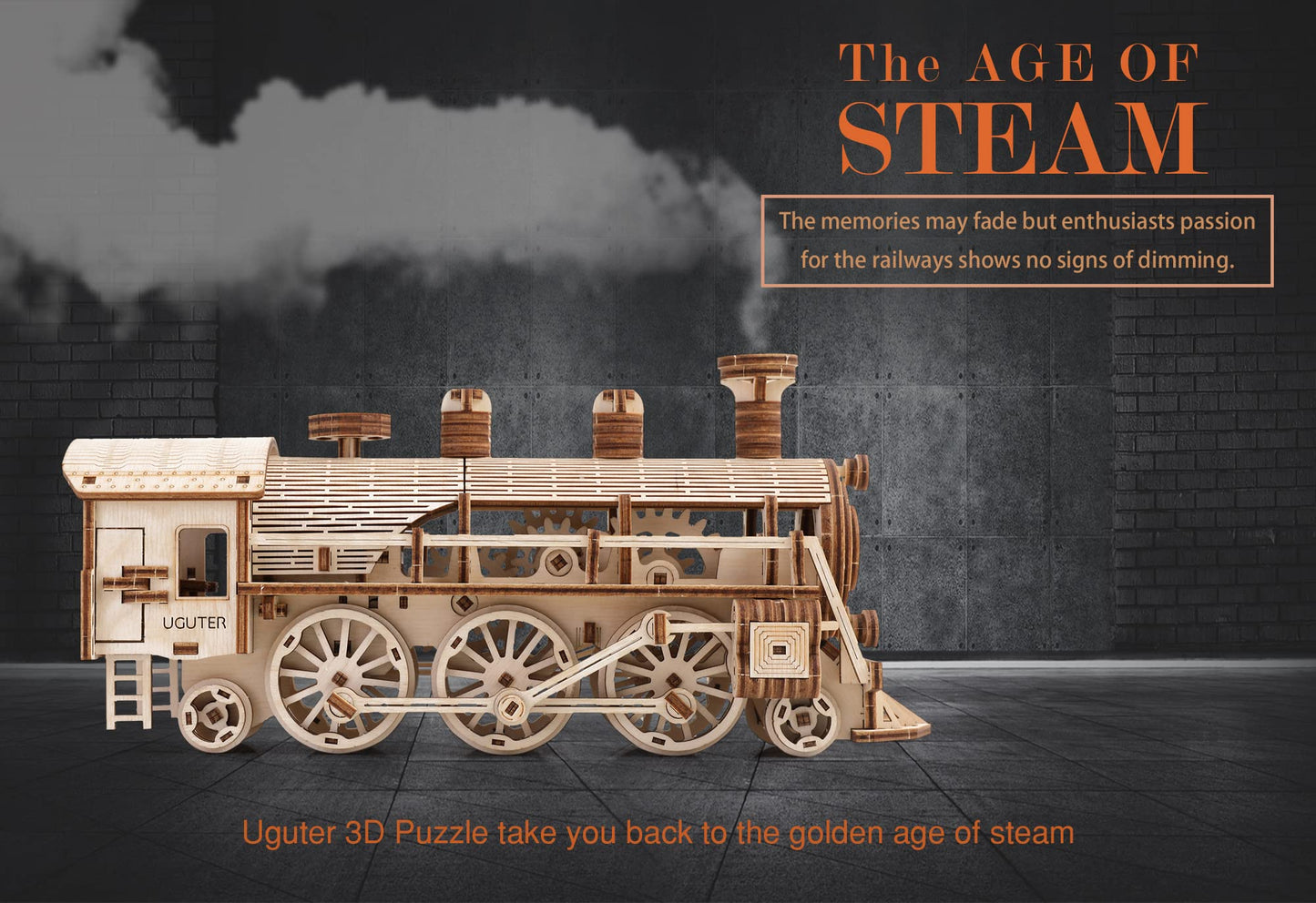 Uguter 3D Wooden Puzzles Train Locomotive Diy Gear Drive Mechanical Model Brain Teaser Games Stunning Gifts For Adults And Teens