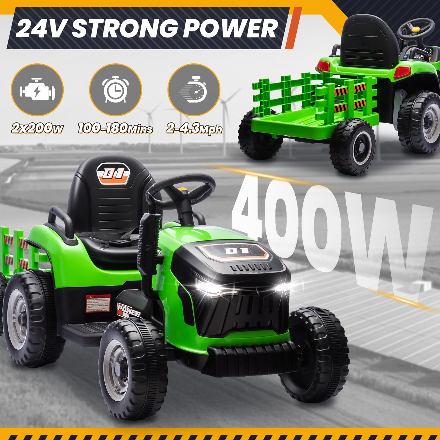 24V 7Ah Ride On Tractor W/Tiltable & Detachable Trailer, Anrli Kids Electric Vehicles Tractor W/400W Motors, Adjustable Seat, Re