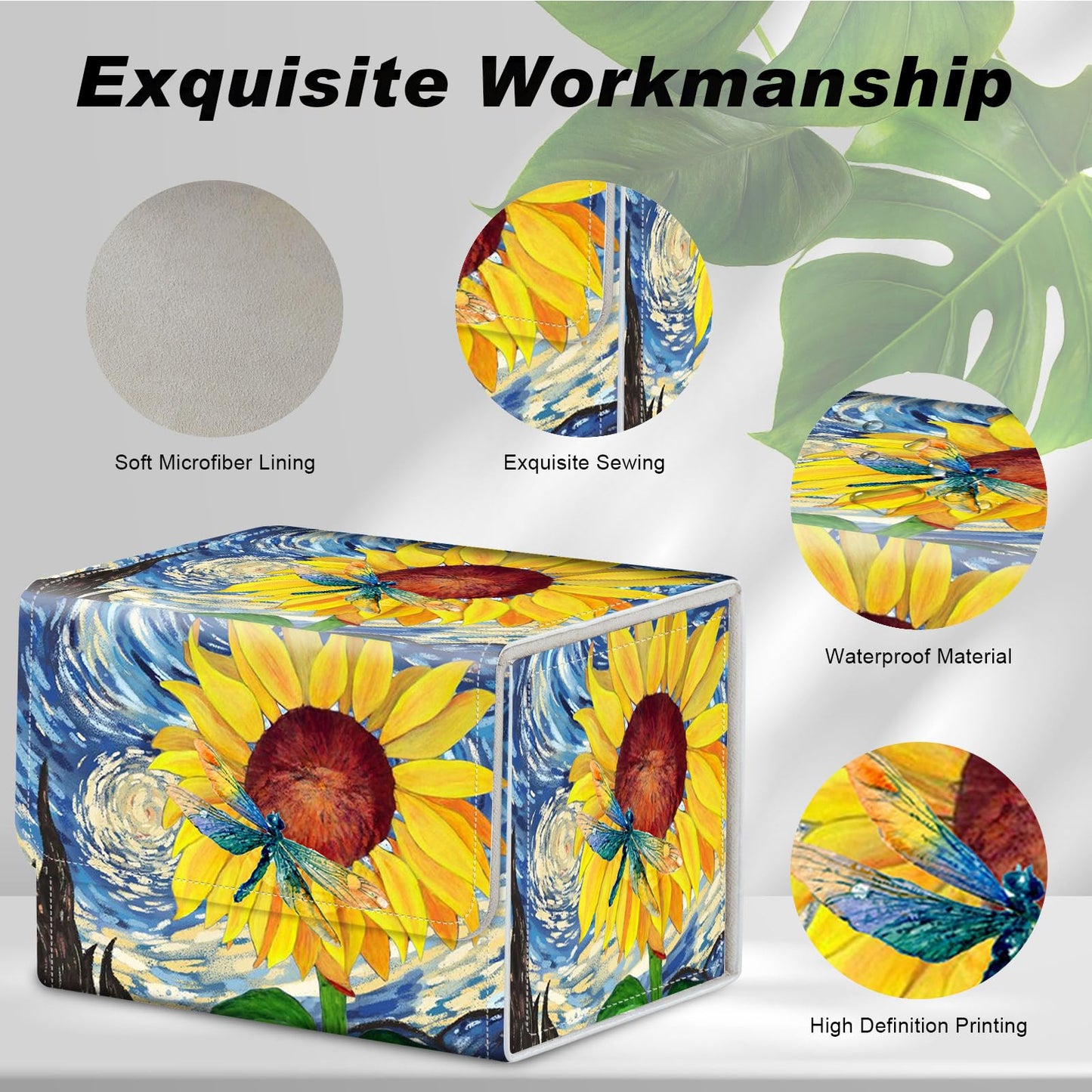 DEGDFSGR Card Game Storage Box for TCG MTG Commander Deck Box Organizer Trading Card Case Magnetic Closure Creative Pattern Up to 200 Cards  Sunflower Dragonfly