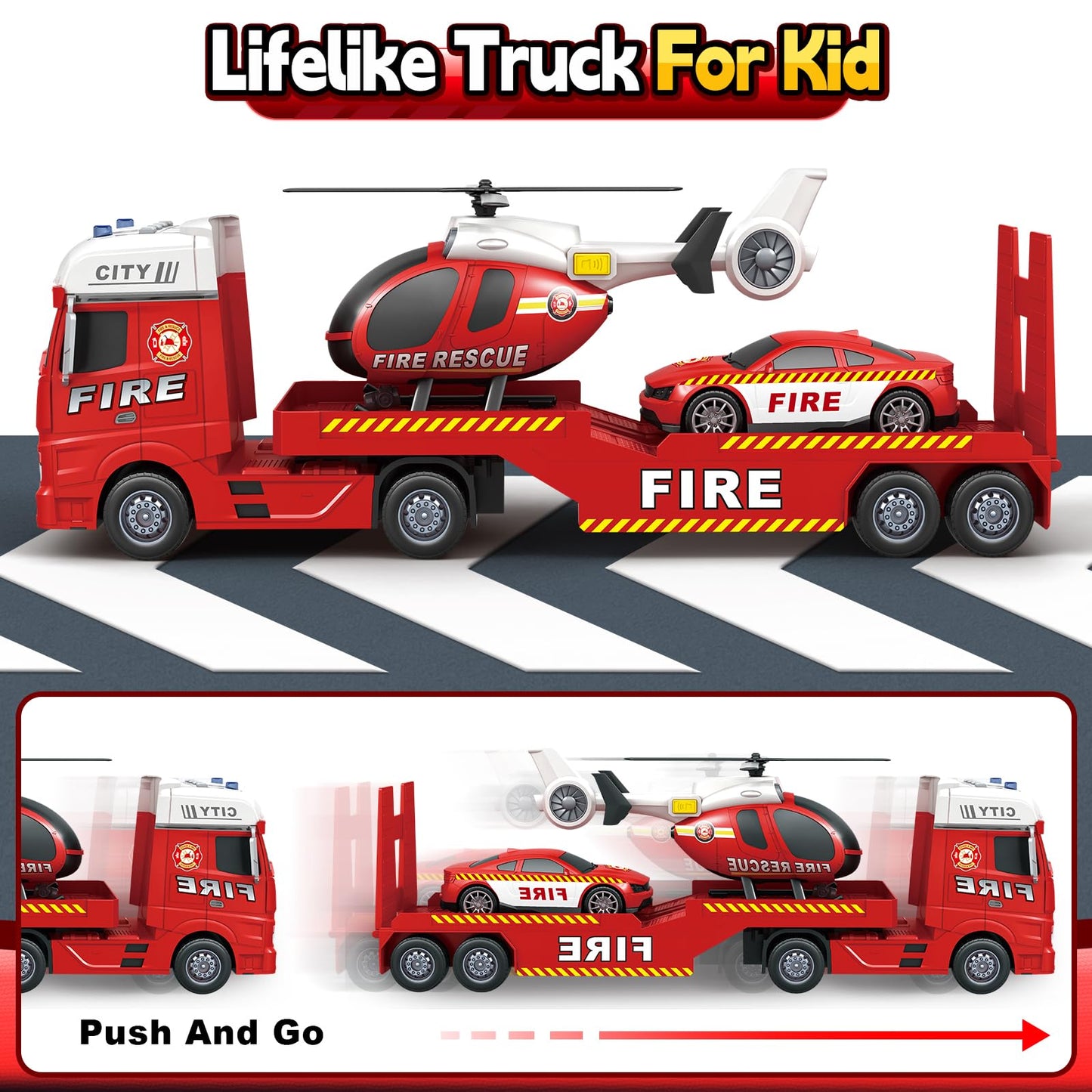 SpringFlower Truck Toddler Boy Toys, 25'' Large Fire Truck Toy with Racing Car and Helicopter,3 in 1 Lights Sounds Fire Truck Bo