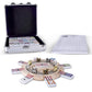 RNK Gaming Double 12 Mexican Train Dominoes Set with Wooden Hub, 8 Metal Trains, Aluminum Case, Multi-Color Dots