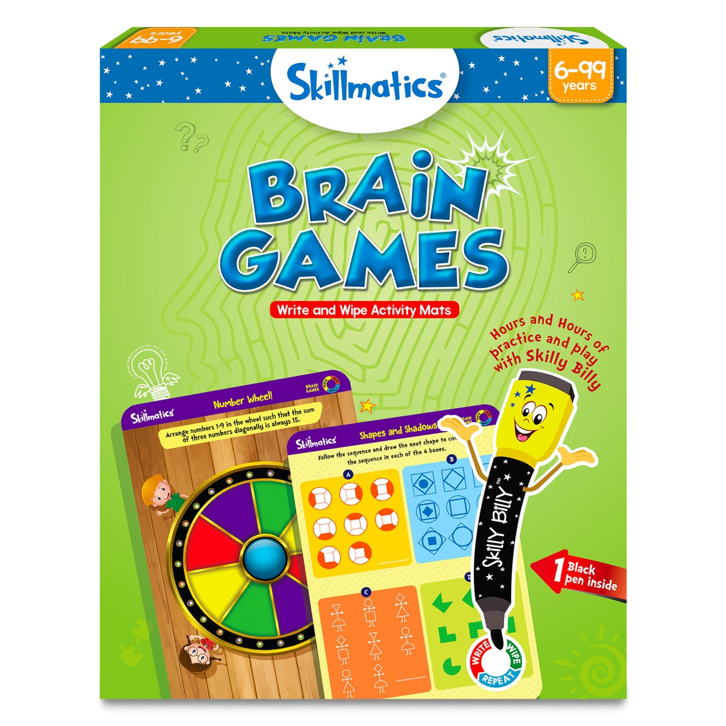 Skillmatics Brain Games Activity Mats - Logic And Problem Solving Game For Kids, Reusable Write & Wipe Activity Set With Marker,