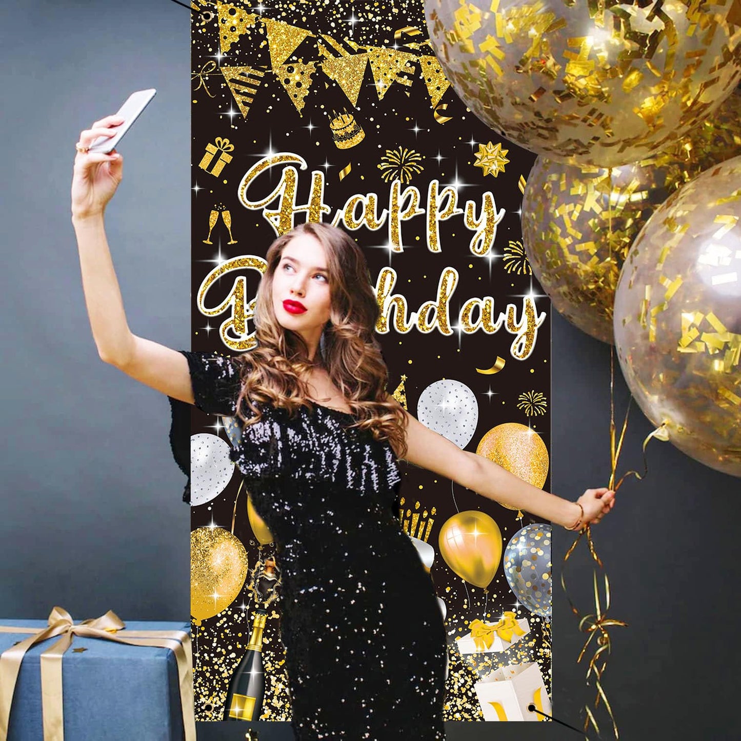 GYA 3x6ft Black Gold Birthday Door Banner Glitter Sequin Happy Birthday Background Cake Balloons Gifts Backdrops Girl Boy Men Wo