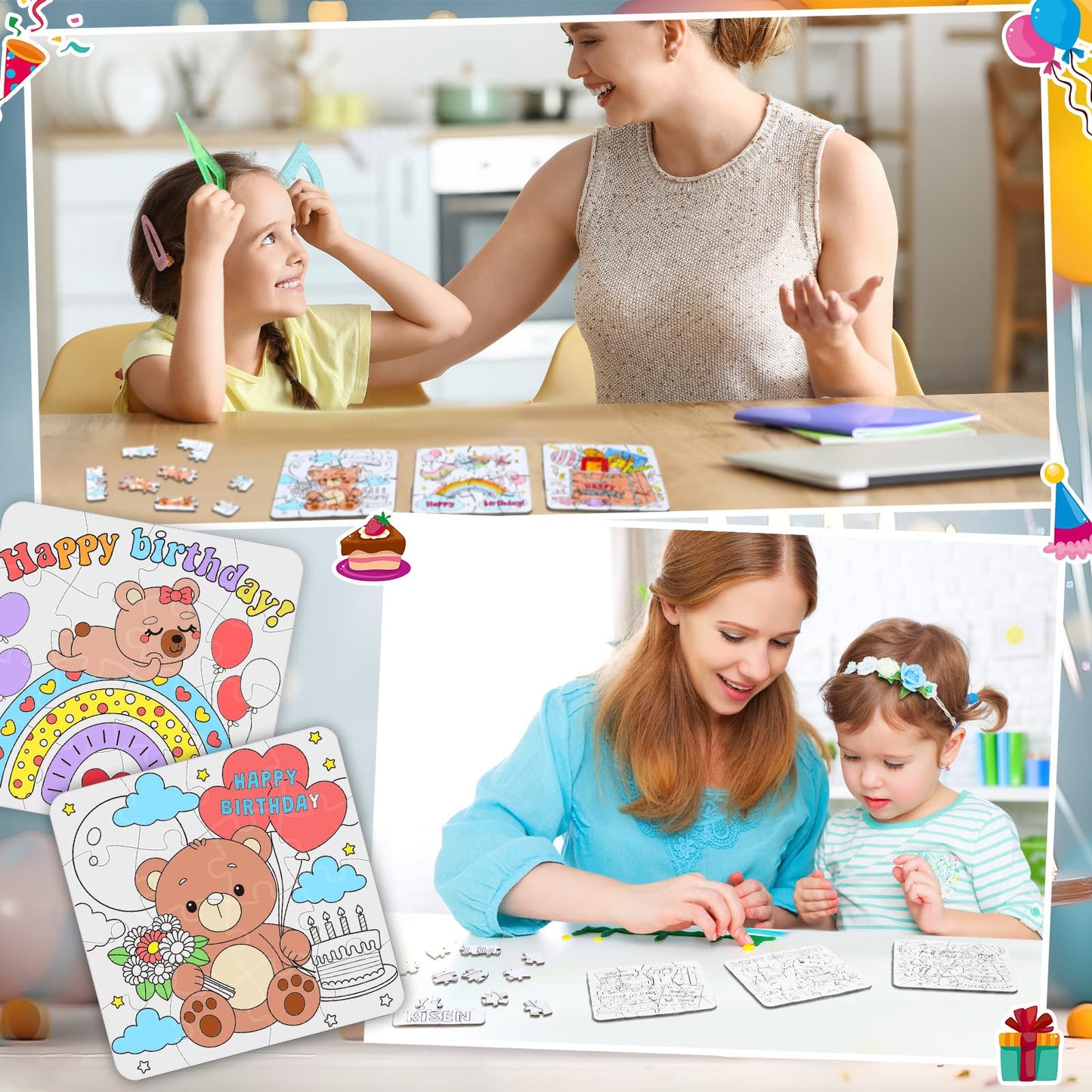 Realspring 24 Pack Happy Birthday Color Your Own Jigsaw Puzzles for Kids 3-5, 4-6, 6-8, Coloring Crafts DIY Paper Puzzles Party