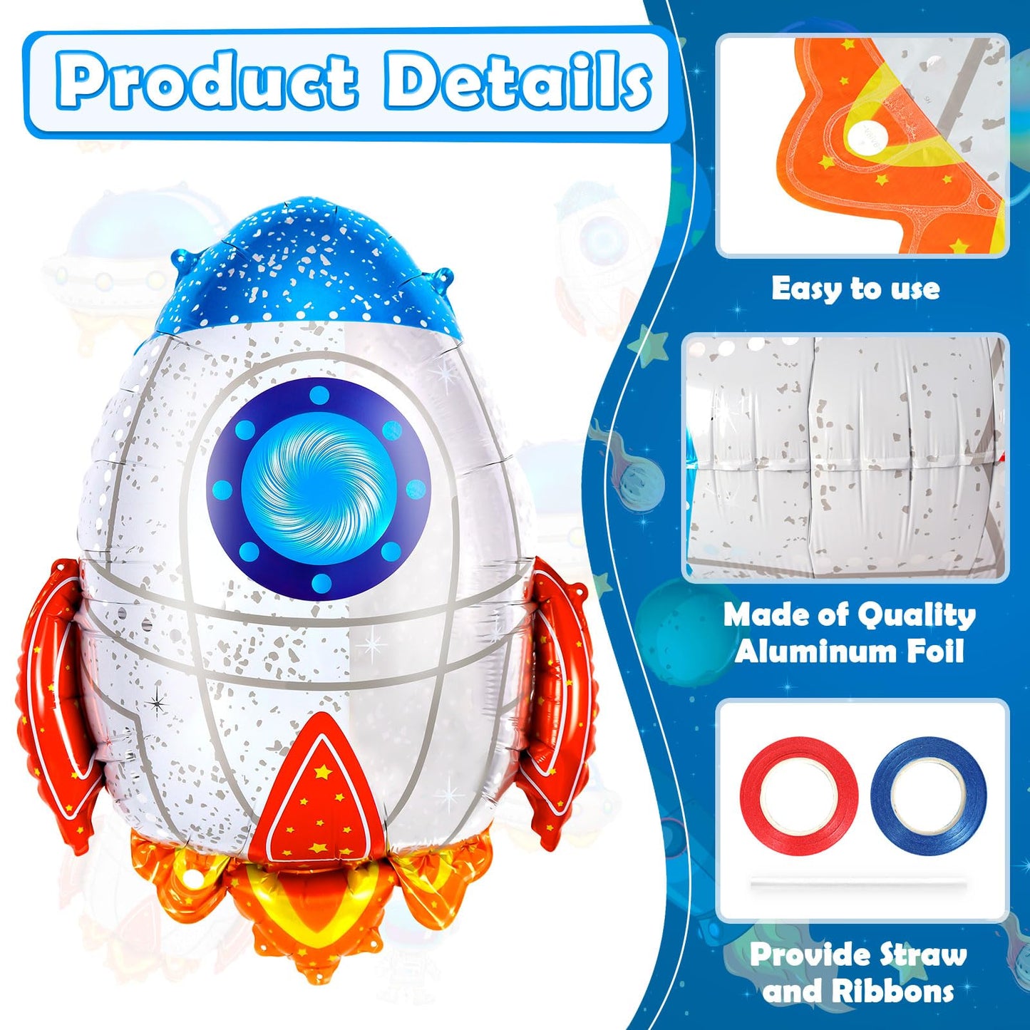 6 Pcs Rocket Balloons For Kids,Blue Rocket Foil Balloons,Outer Space Balloons,Flying Mylar Foil Balloons Space Decorations For K