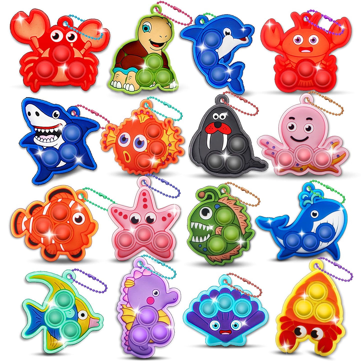 Party Favors For Kids 16Pcs Sea Animal Mini Pop Keychain Under The Sea Party Favors Goodie Bag Stuffers Carnival Birthday Gifts Classroom Small Prizes For Kids