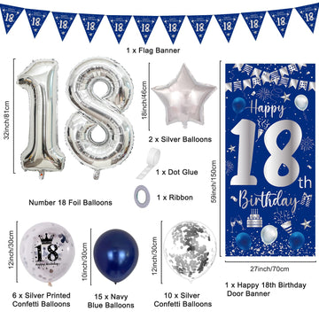 18Th Birthday Decorations For Boys Girls, Blue Silver Happy 18Th Birthday Decorations Door Banner, 32'' Number 18 Foil Balloon F