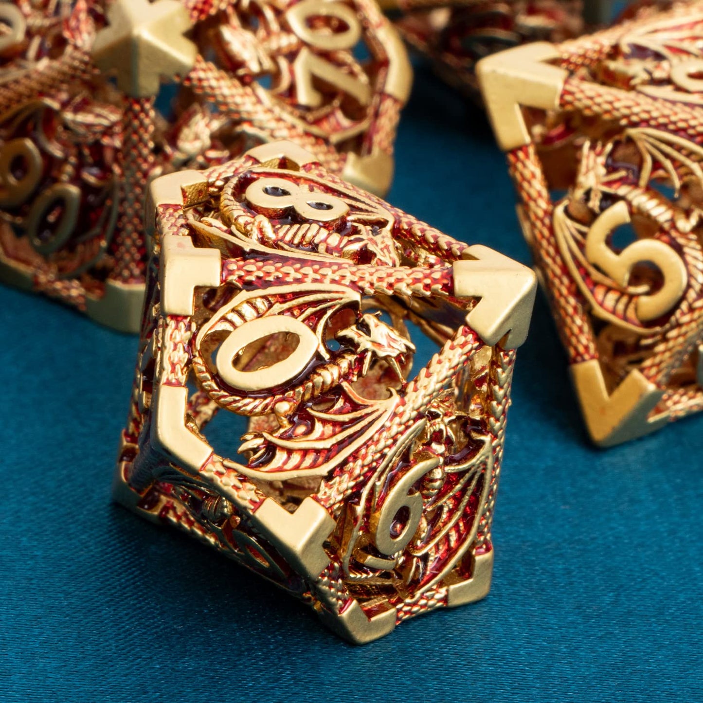 ARUOHHA Hollow DND Metal Dice Set Dungeons and Dragons Dice RPG Role Playing Games, D+D Golden Red Polyhedral Dice D20 D12 D10 D
