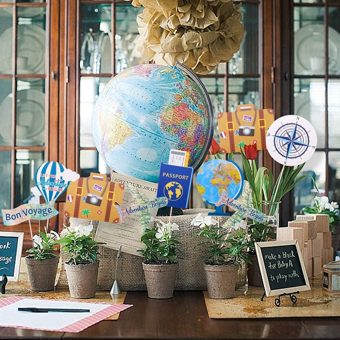 Yaaaaasss! Adventure Themed Centerpieces Set of 21 - Travel Props for Graduation, Retirement, Bon Voyage, World Map Design - Model ADV-TP