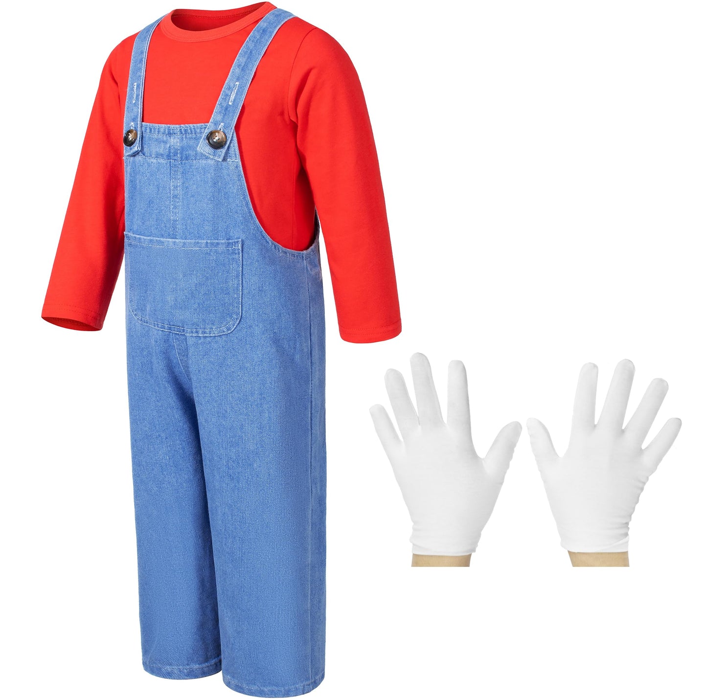 Plumber Costume For Kids Shirt Overalls Glove Boys Halloween Party Cosplay 9-10 Years Red