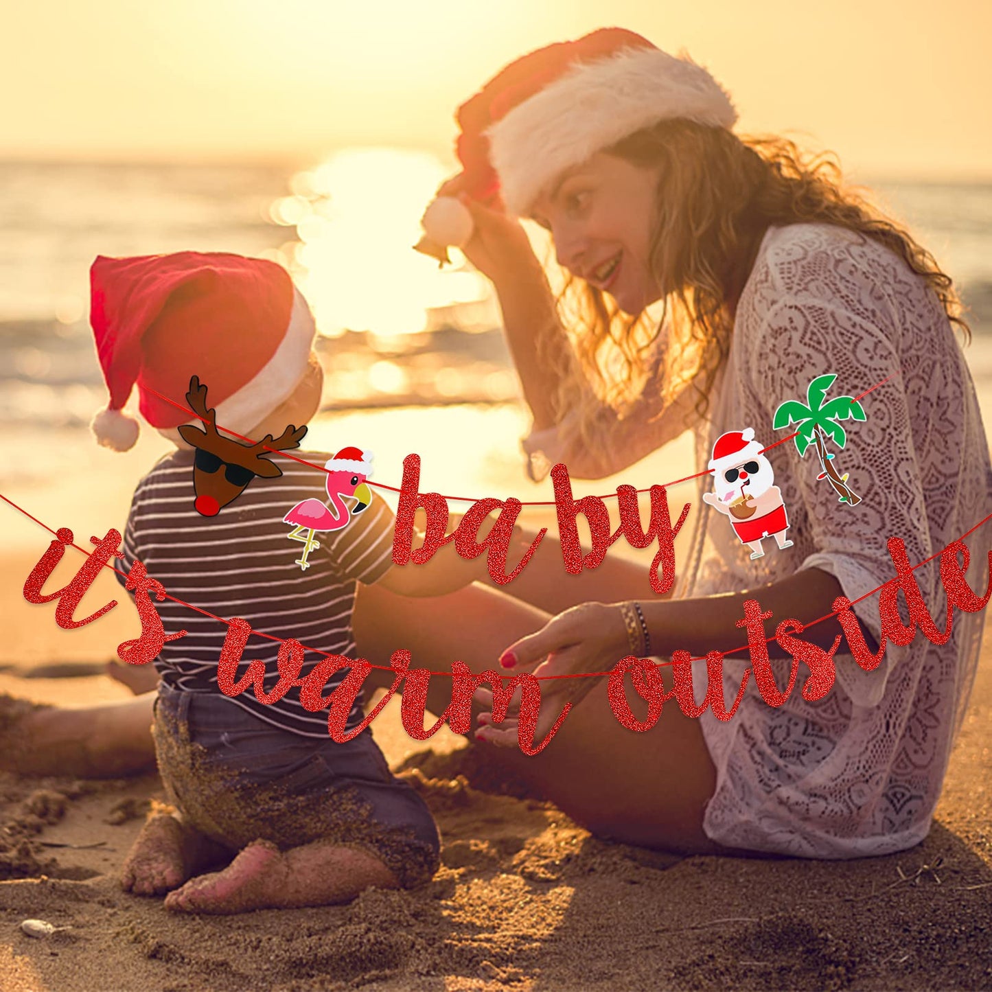 Baby Its Warm Outside Banner Red Glitter, Christmas July Party Banner Decorations July Mele Kalikimaka Christmas Decorations,Tropical Christmas Party Banner Decorations