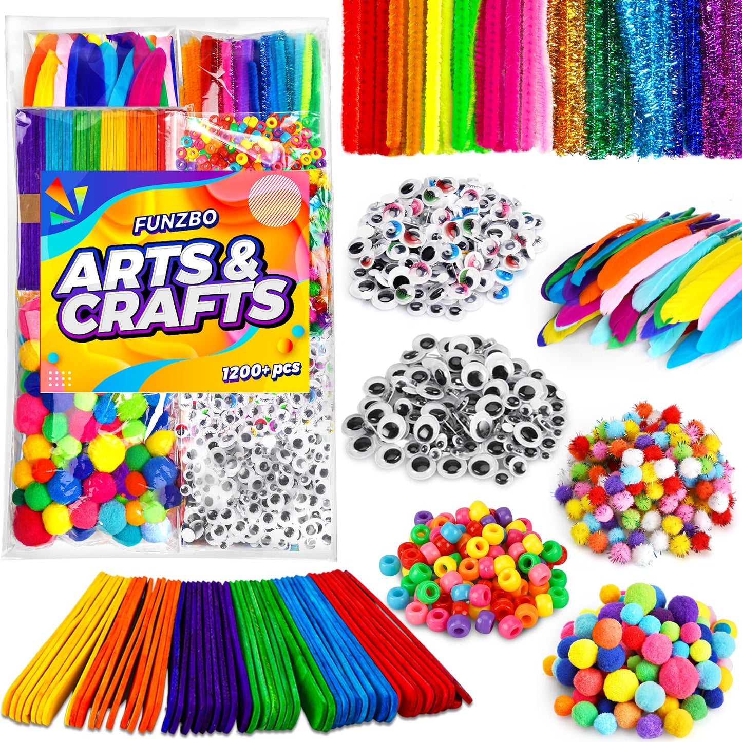 FUNZBO 1200pcs+ Arts & Crafts Supplies for Kids- Craft Kits with Pipe Cleaners, Pom Poms for Crafts, Popsicle Sticks for Craft, 