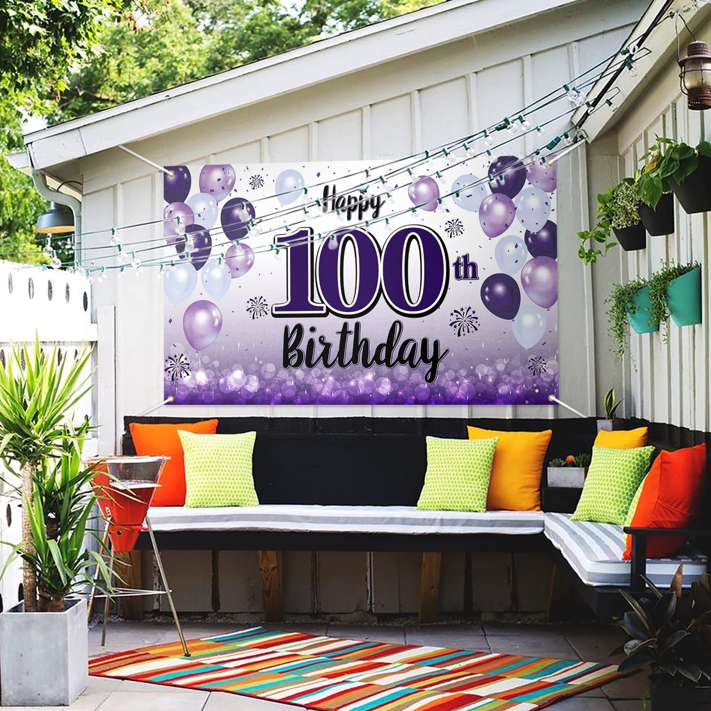 LASKYER Happy 24th Birthday Decorations,24th Purple Balloon Large Birthday Banner Backdrop Sign,24 Years Old Bday Party Supplies