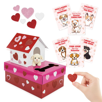 4Es Novelty Valentines Day Box and Valentines Cards for Kids (32 Pcs) - DIY Puppy Valentines Mailbox Craft Kit, for Classroom E