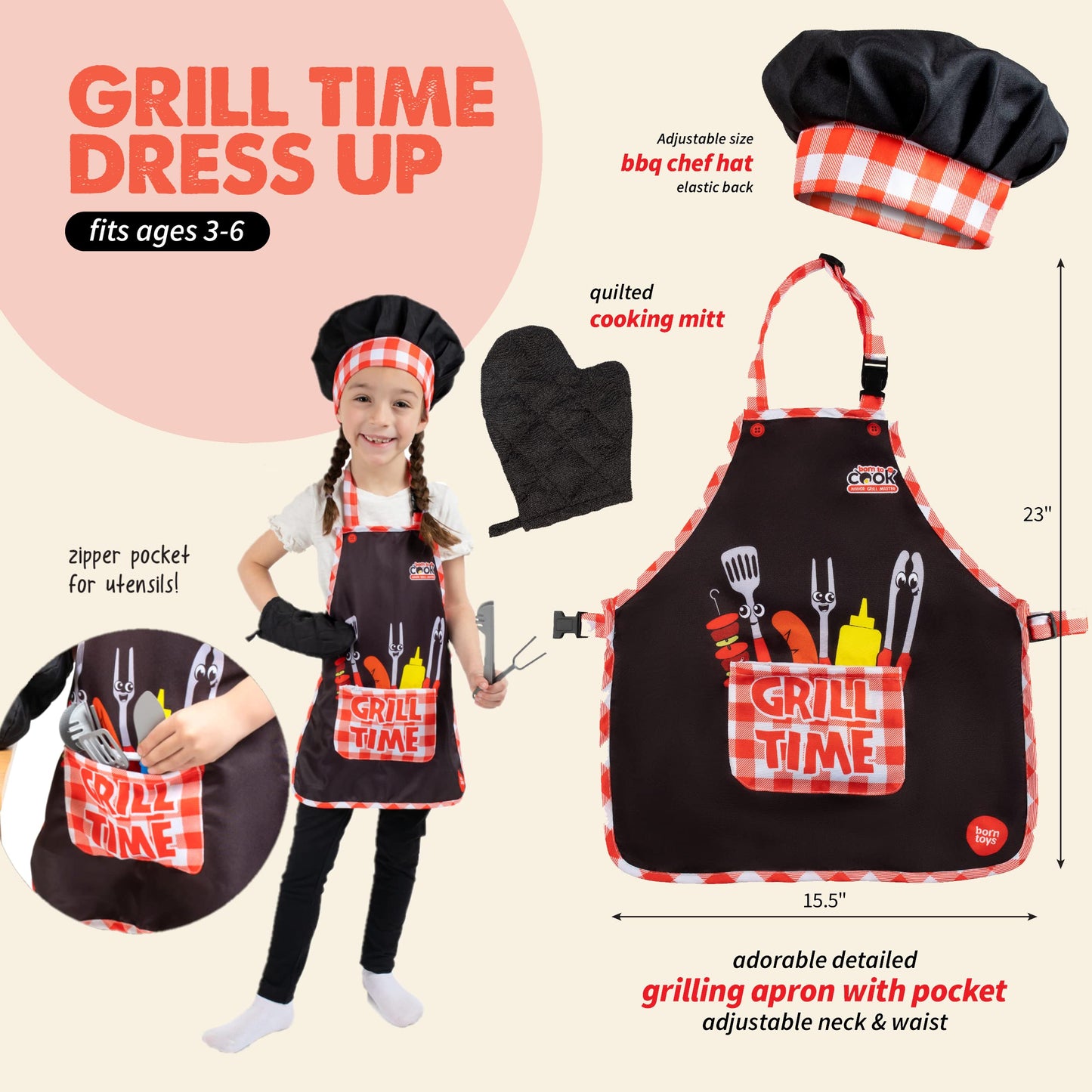 Born Toys Kids Grill Playset - Interactive Kids BBQ Grill Playset w/Pretend Smoke, Sound & Light- Dress Up & Pretend Play Kitche