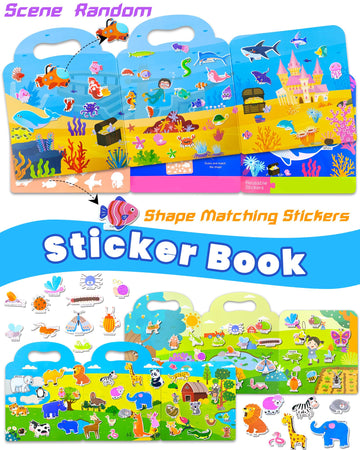 Walenced Puffy Reusable Sticker Book For Toddlers 2-4 Years, 3 Sets Stickers For Kids, Toddler Sticker Book Ages 1-3, 95 Pcs Tod