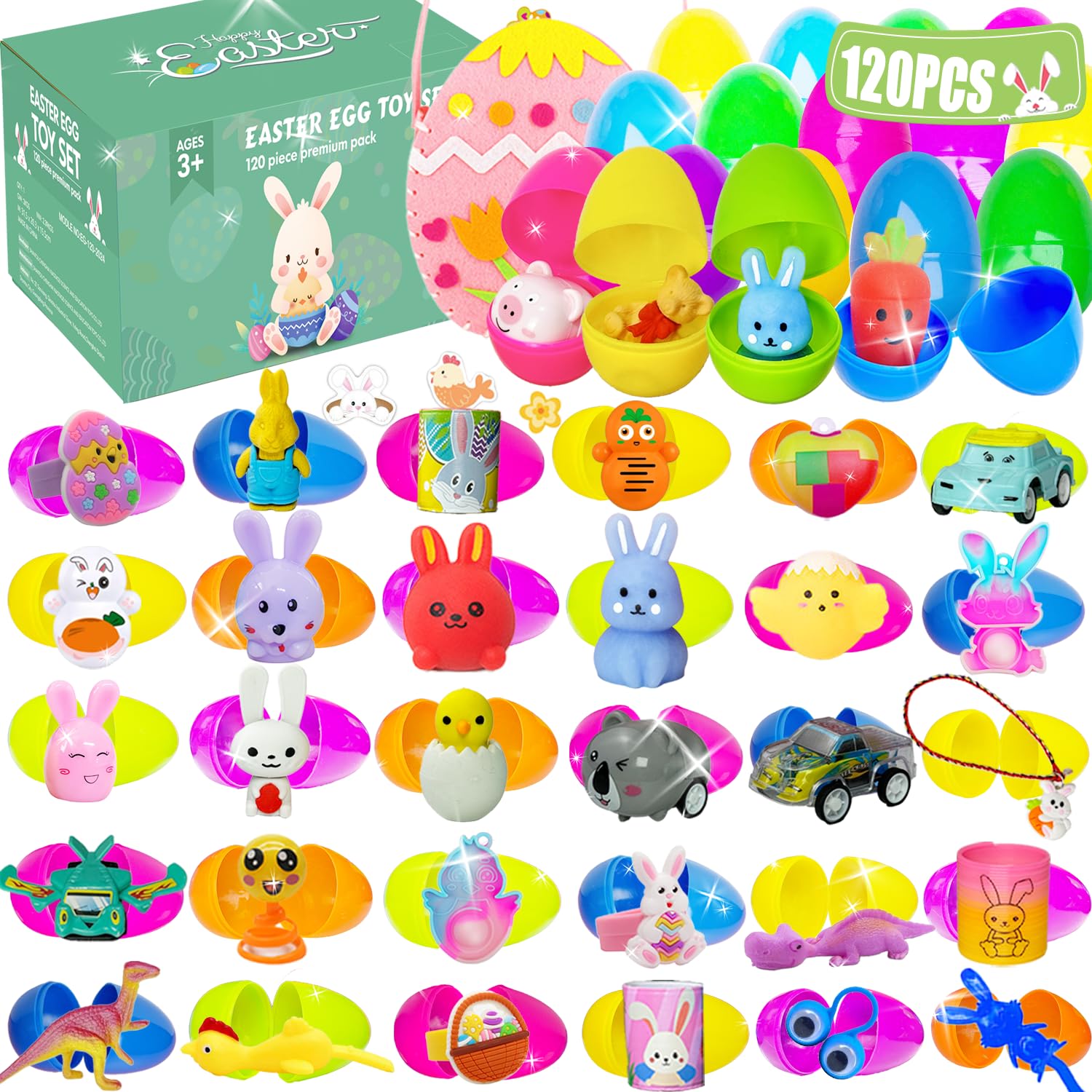 SQZUWIT 120 PCS Prefilled Easter Eggs Filled with Toys Inside for Kids Boys Girls Easter Hunt Basket Stuffers Essentials Fillers