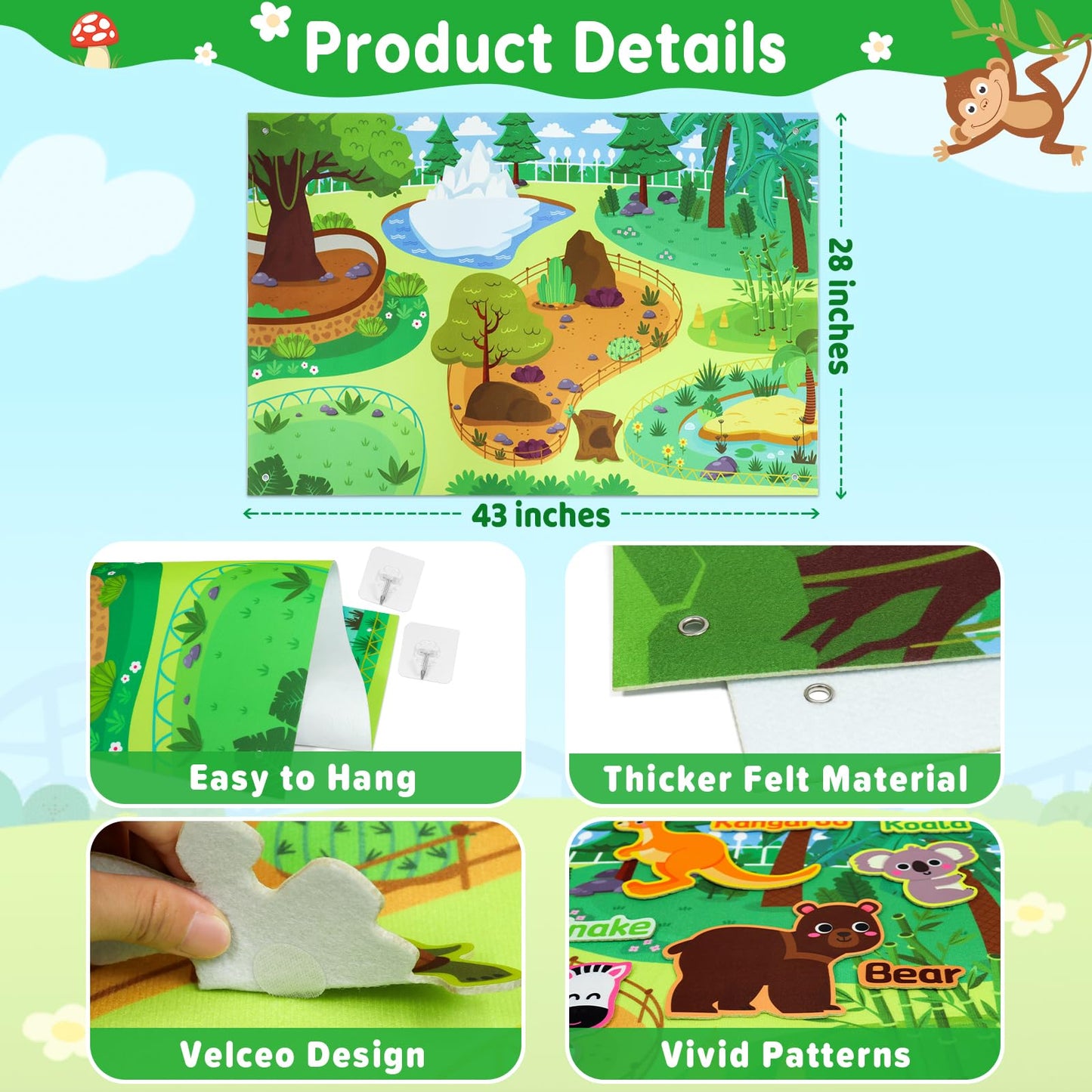 Taika Zoo Animals Felt Story Board Set, 43x28 inch Animals Flannel Board, 41Pcs Jungle Animals Toys, Thicker Felt Board, Prescho