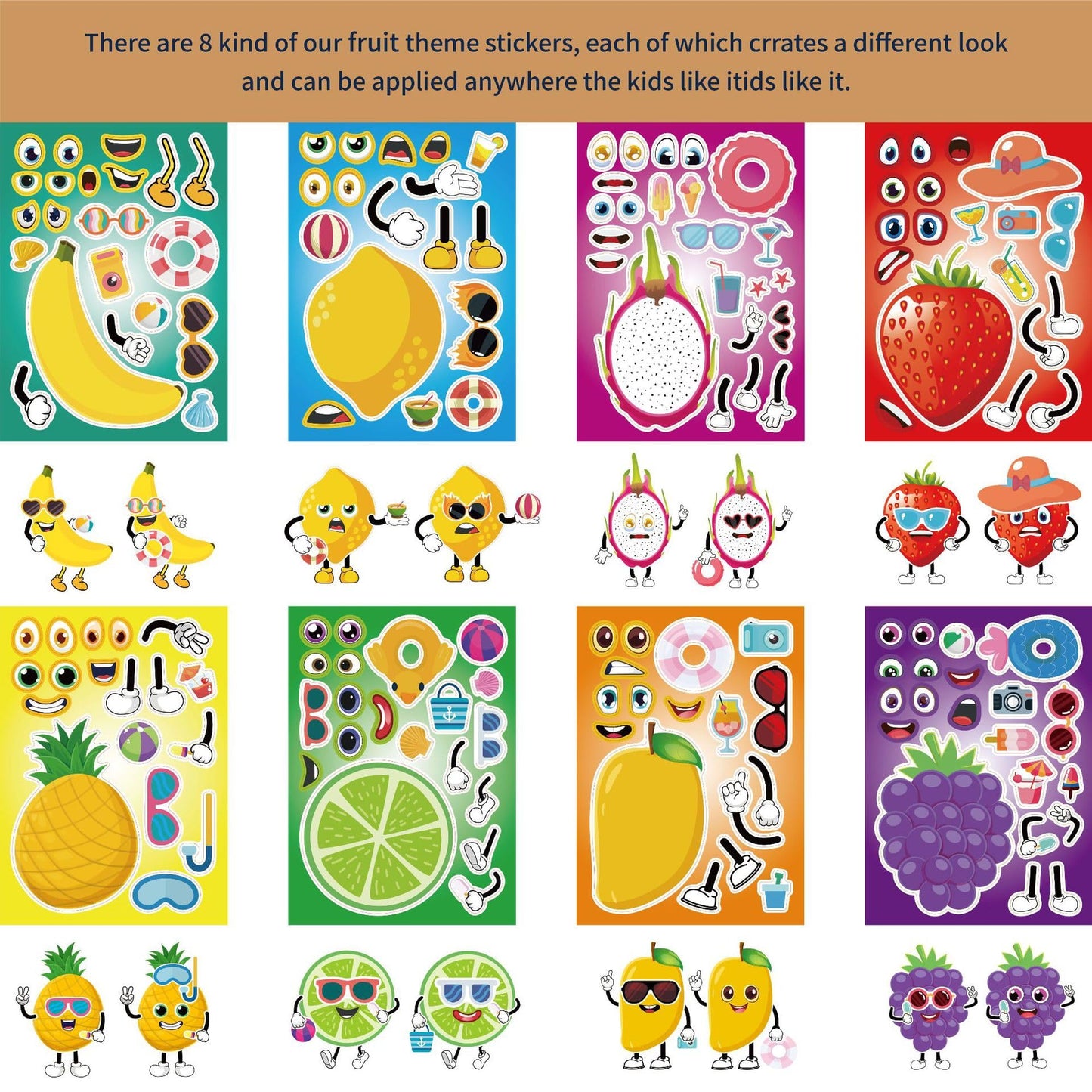 24 Sheets Make Your Own Fruit Stickers Make A Face Stickers For Kids Toddlers With Cartoon Fruit Summer Hawaii Theme Characters