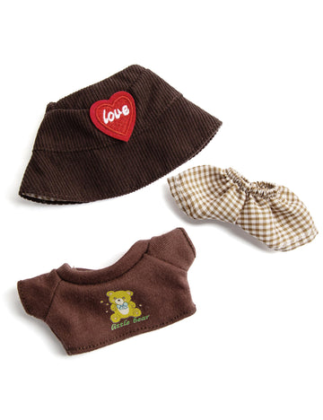 17 cm Doll Clothes  3-Piece Set Stylish Clothes for 17cm Doll  enhanced Outfit with Accessories for Doll- Red Heart Brown Hat & Brown Bear Tshirt & Coffee Plaid Pants (NO Doll)