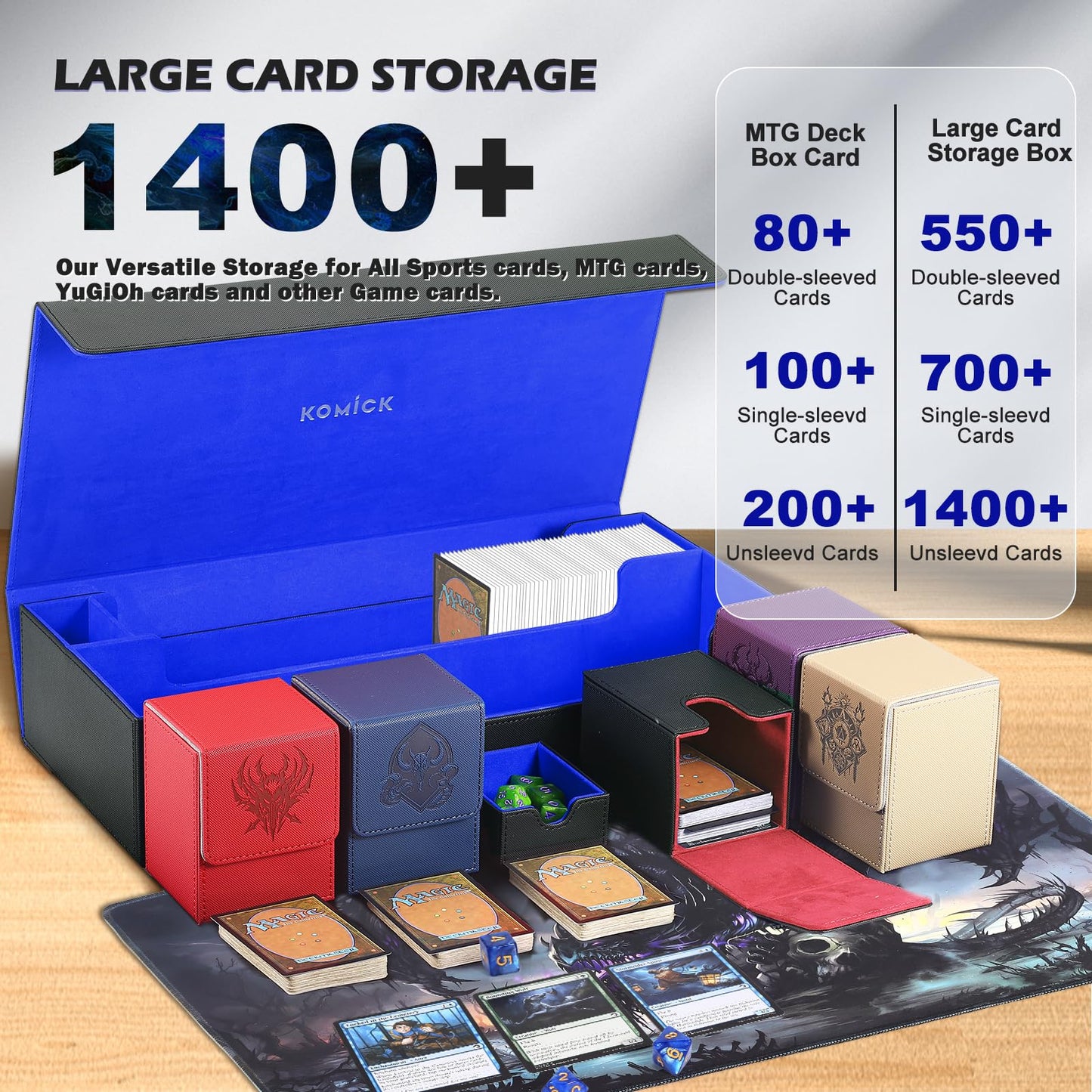 Komick Ultimate 6-in-1 Card Deck Box Set with Playmat Dice Tray, Large MTG Card Storage Box with 5 PCS Deck Case 2400+ Unsleeved