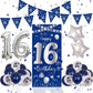 16Th Birthday Decorations For Boys Girls, Blue Silver Happy 16Th Birthday Decorations Door Banner 32'' Number 16 Foil Balloon 33