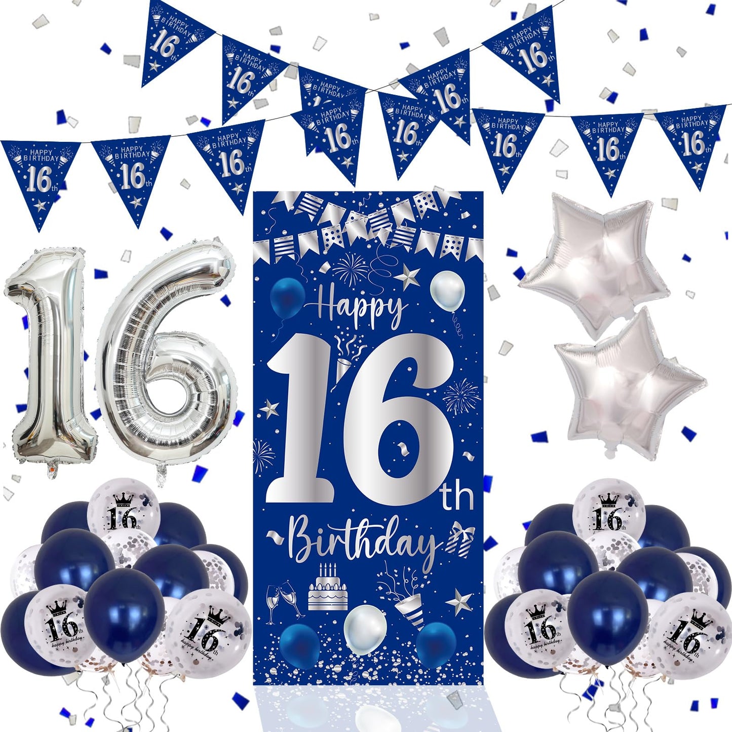 16Th Birthday Decorations For Boys Girls, Blue Silver Happy 16Th Birthday Decorations Door Banner 32'' Number 16 Foil Balloon 33