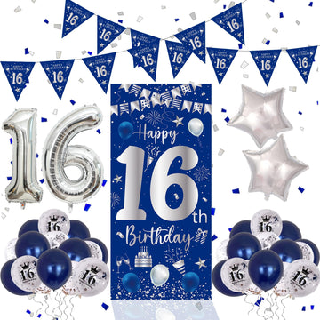 16Th Birthday Decorations For Boys Girls, Blue Silver Happy 16Th Birthday Decorations Door Banner 32'' Number 16 Foil Balloon 33