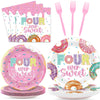 96 Pcs 4Th Birthday Donut Party Decoration For 24 Guests Four Sweet Donut Plates Napkins Donut Themed Tableware Set Table Supplies 4Th Birthday Pink Party Favor For Girls Kids Sweet Donut Party