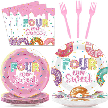 96 Pcs 4Th Birthday Donut Party Decoration For 24 Guests Four Sweet Donut Plates Napkins Donut Themed Tableware Set Table Supplies 4Th Birthday Pink Party Favor For Girls Kids Sweet Donut Party