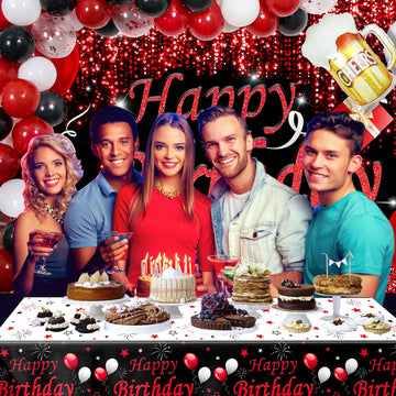 Red And Black Party Decorations, Happy Birthday Decorations For Men Women With Photography Backdrop & Tablecloth Balloons Arch Kit Banner Birthday Party Supplies Bday Decor With Table Cover