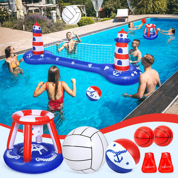 Eaglestone Pool Volleyball Net &Basketball Hoop Inflatable Pool Floats Toys Swimming Water Games For Adults And Kids 8-12 Teens