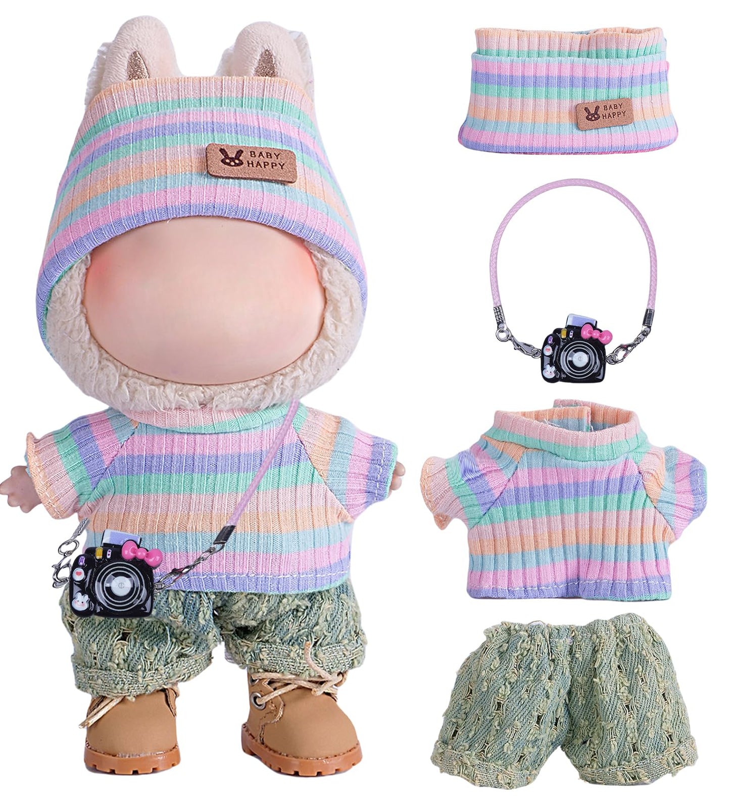 4-Piece Handcrafted Crochet 17cm/15cm Doll Clothes for Labubu (No Doll)  Cute and enhanced Rainbow Outfits with Accessories  Hand Crocheted Hat  Sweaters  Pants  Camera Bag for Girls Boys AK071