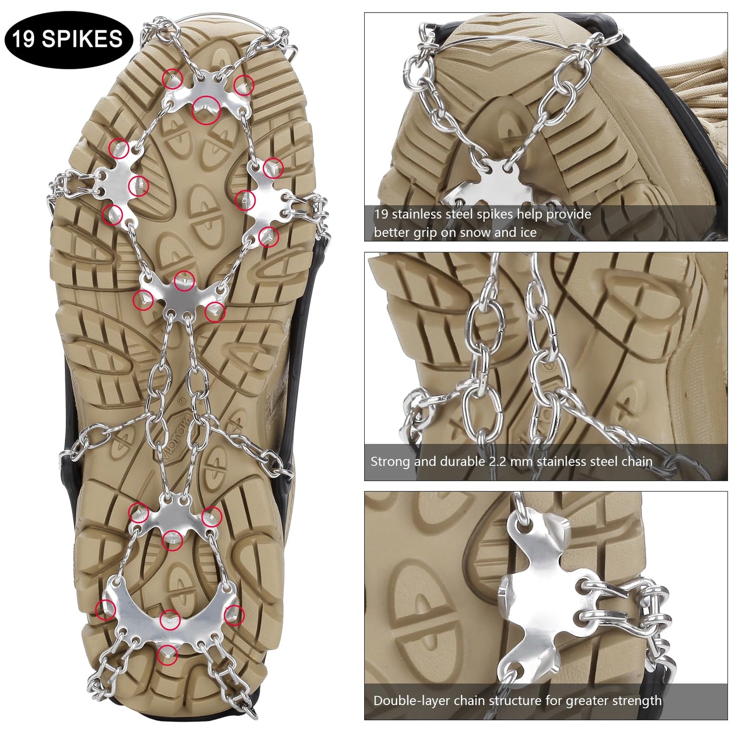 crampons Upgraded 19 Spikes with 304 Stainless Steel chain Ice Snow grips Traction cleats System Safe Protect for Walking, Joggi
