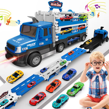 Dowellin Carrier Truck Toys for Kids, 4.6-FT Foldable Hauler Track Ejection Car and 6 Metal Race Car with Light&Sounds, Truck To