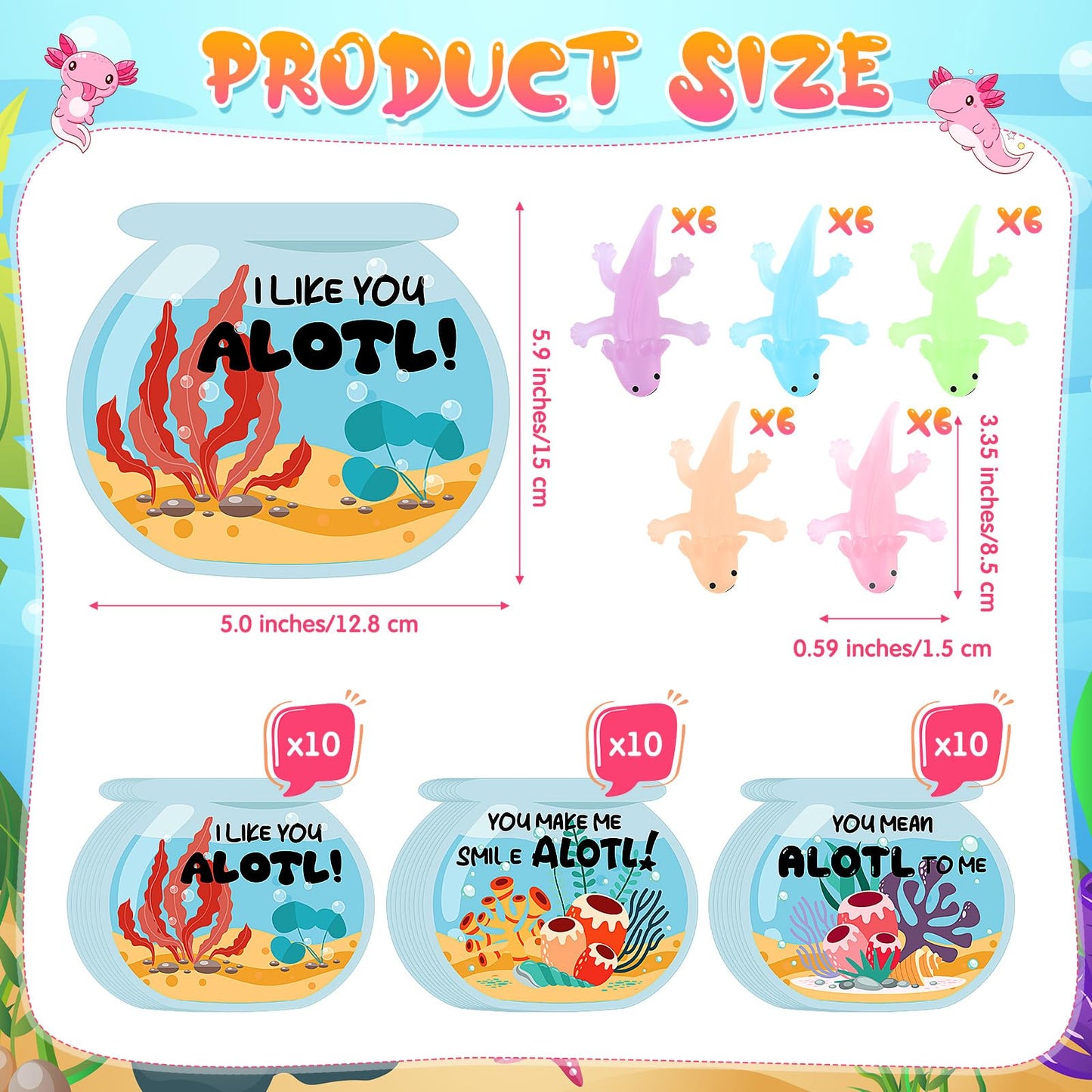 Spakon 30 Set Axolotl Valentines Day Gifts Axolotl Party Favor Axolotl Sensory Fidget Toys with Axolotl Cards Axolotl Birthday P