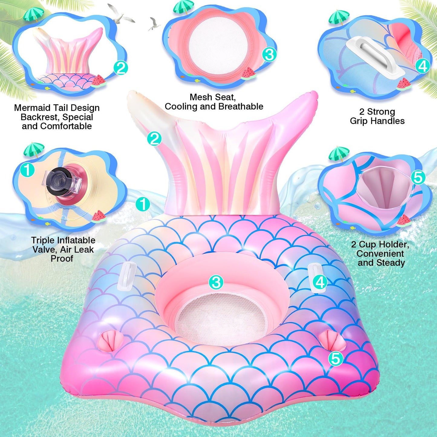 Inflatable Pool Float Mermaid Tail Pool Floating Chair With Cup Holders, Backrest, Mesh Bottom And Handles Summer Water Fun Beac