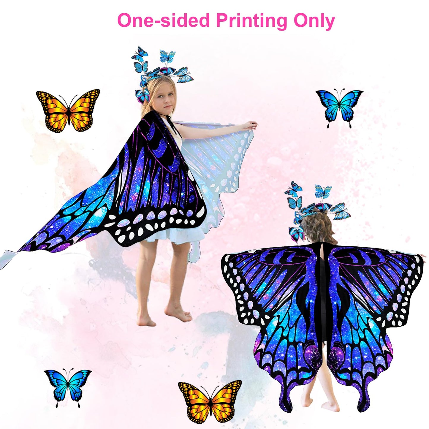 Rektak Butterfly Wings For Girls, Butterfly Costume For Halloween Party Kids Fairy Wing With Mask And Headband(Blue)