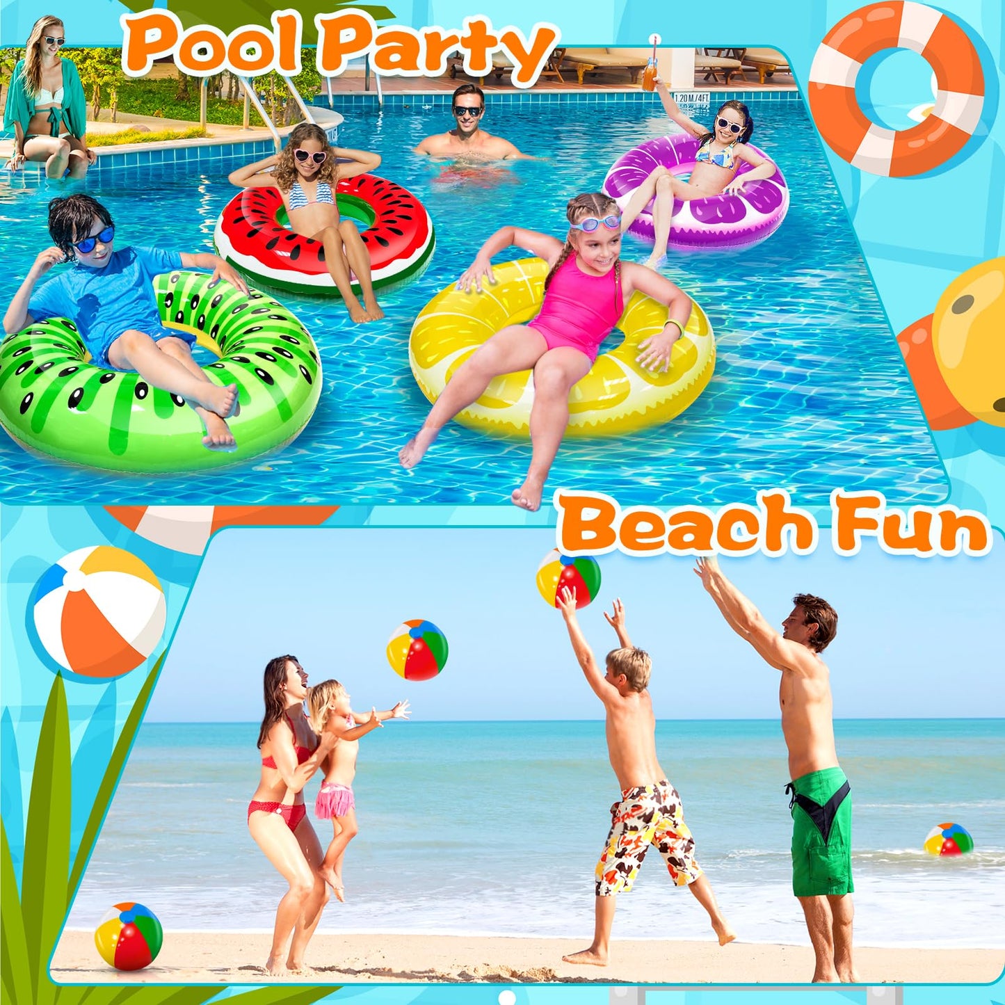 iGeeKid 8 Pack Inflatable Pool Floats - 4 Fruit Swim Tubes & 4 Beach Balls, Large Plastic, Summer Fun for Kids & Adults