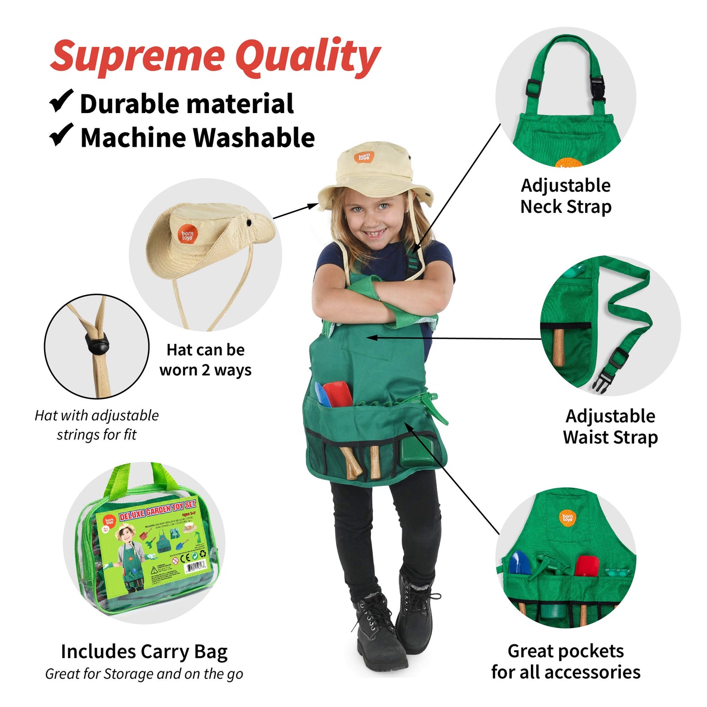 Born Toys Gardening Tool Set for Kids Ages 3-7, Assorted Color, Includes Apron, Hat, Shovel, Gloves - Fun Pretend Play Gardening Set
