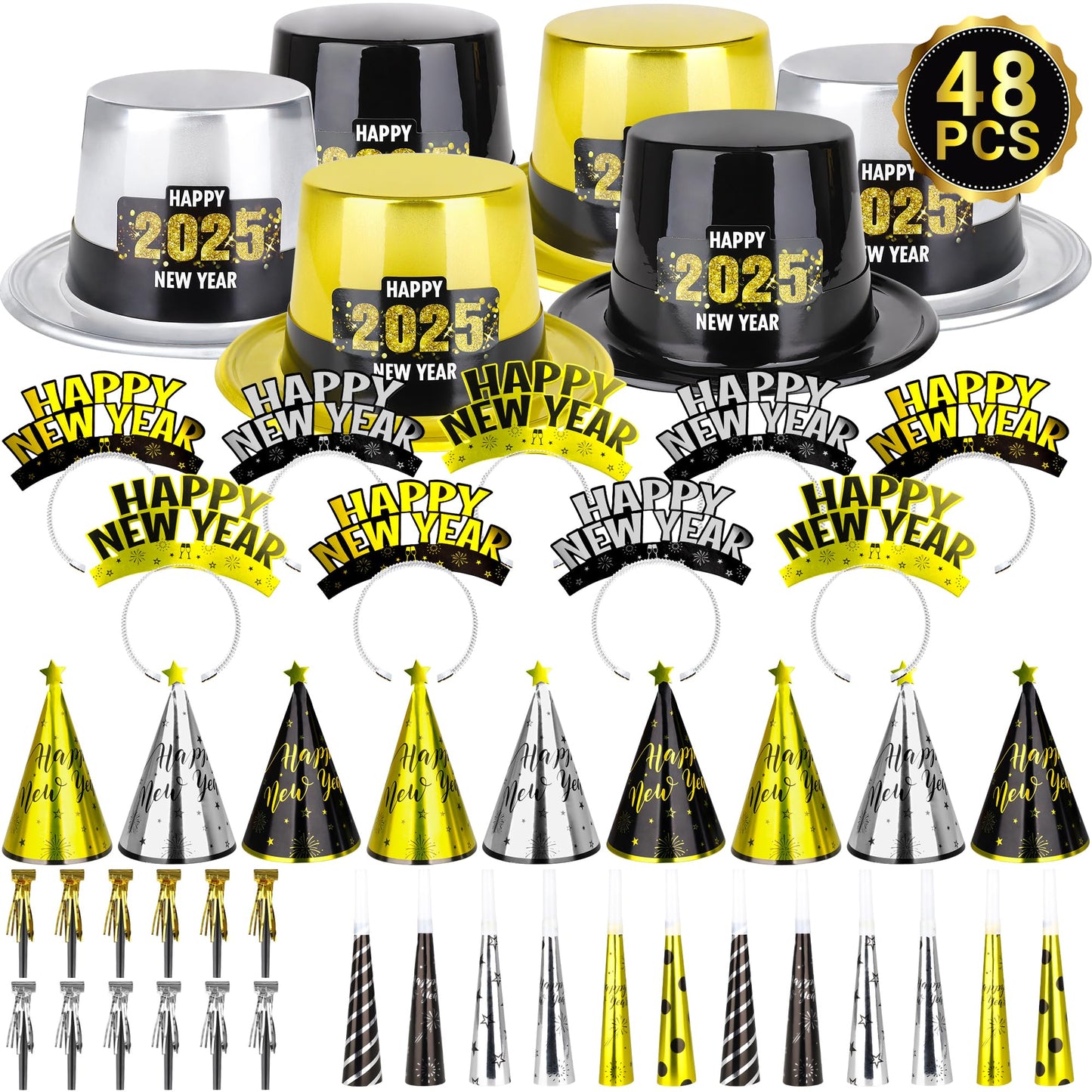 48PCS New Years Eve Party Supplies for 24 Guests - Happy New Year Headband, Gold Black Party Favors, Cone Hats, Horns, Blowouts