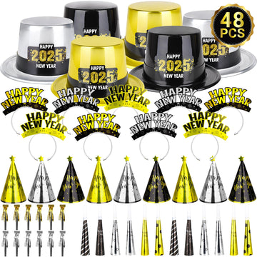 48PCS New Years Eve Party Supplies for 24 Guests - Happy New Year Headband, Gold Black Party Favors, Cone Hats, Horns, Blowouts