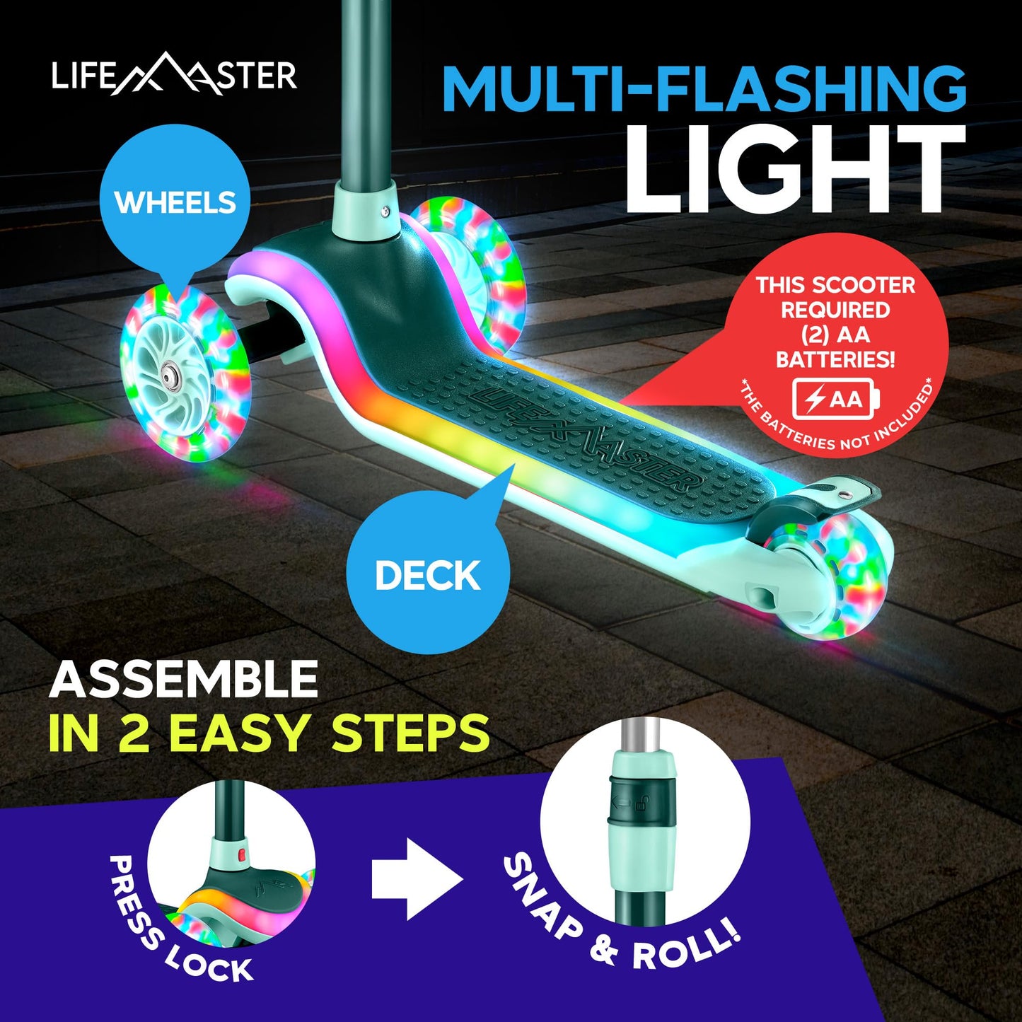 Lifemaster 3-Wheel Kids Scooter With Multi-Color Lights On Deck & Wheels - 5-Height Adjustable Handlebar, Wide Anti-Slip Deck, C