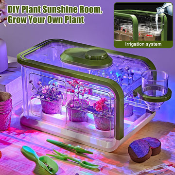 Kids Plant Growing Kit, Kids Gardening Greenhouse Growing Kit With Drip Irrigation And Grow Lights, Science Stem Toys Terrarium Kit For Boys Girls 3 4 5 6 7 8 Year Old,Kids Flower Growing Kit