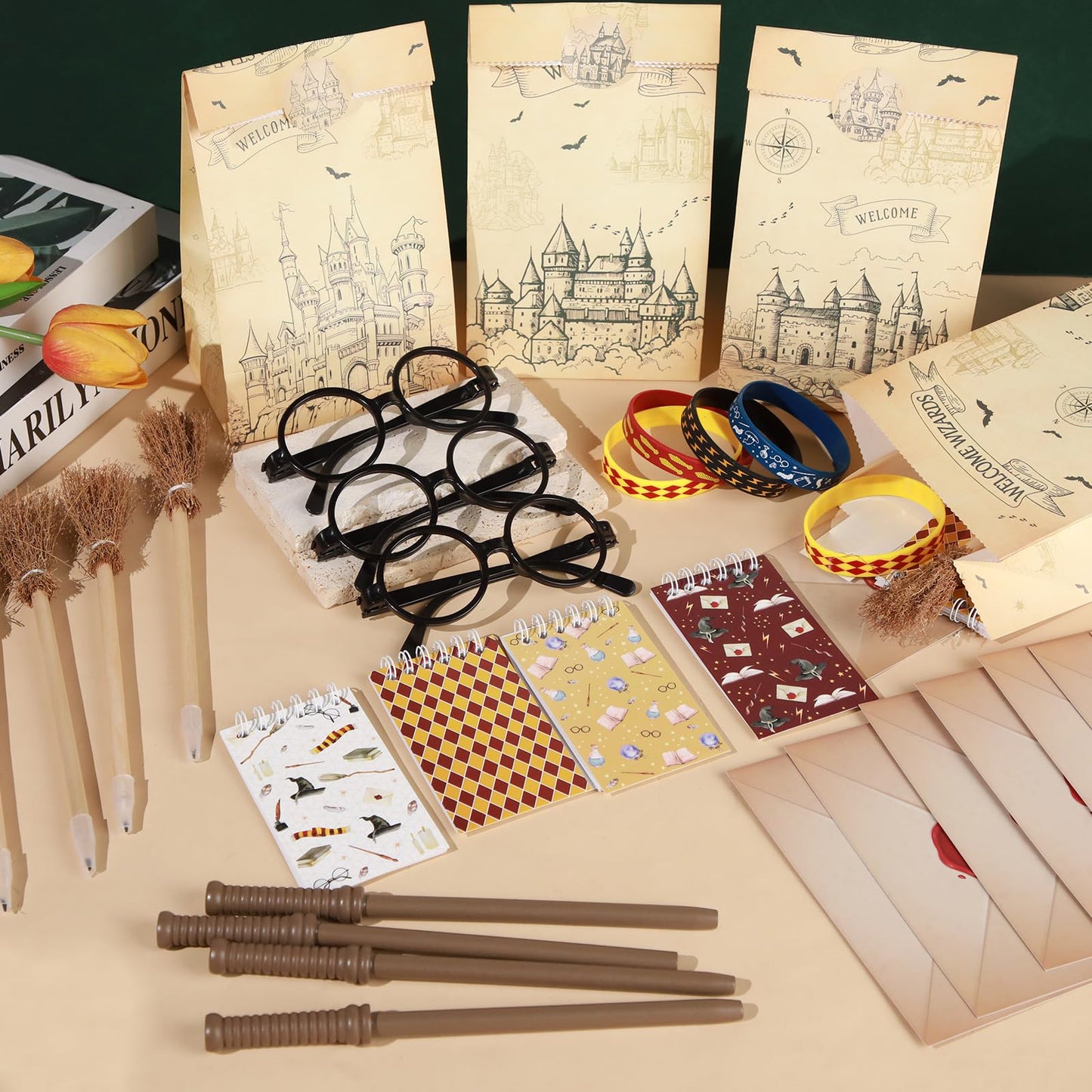 Vanblue 84Pcs Wizard Party Favors Birthday Decorations,Wand Pencils,Wizard Glasses Spiral Notebooks Goodie Bag Stuffers,Classroo