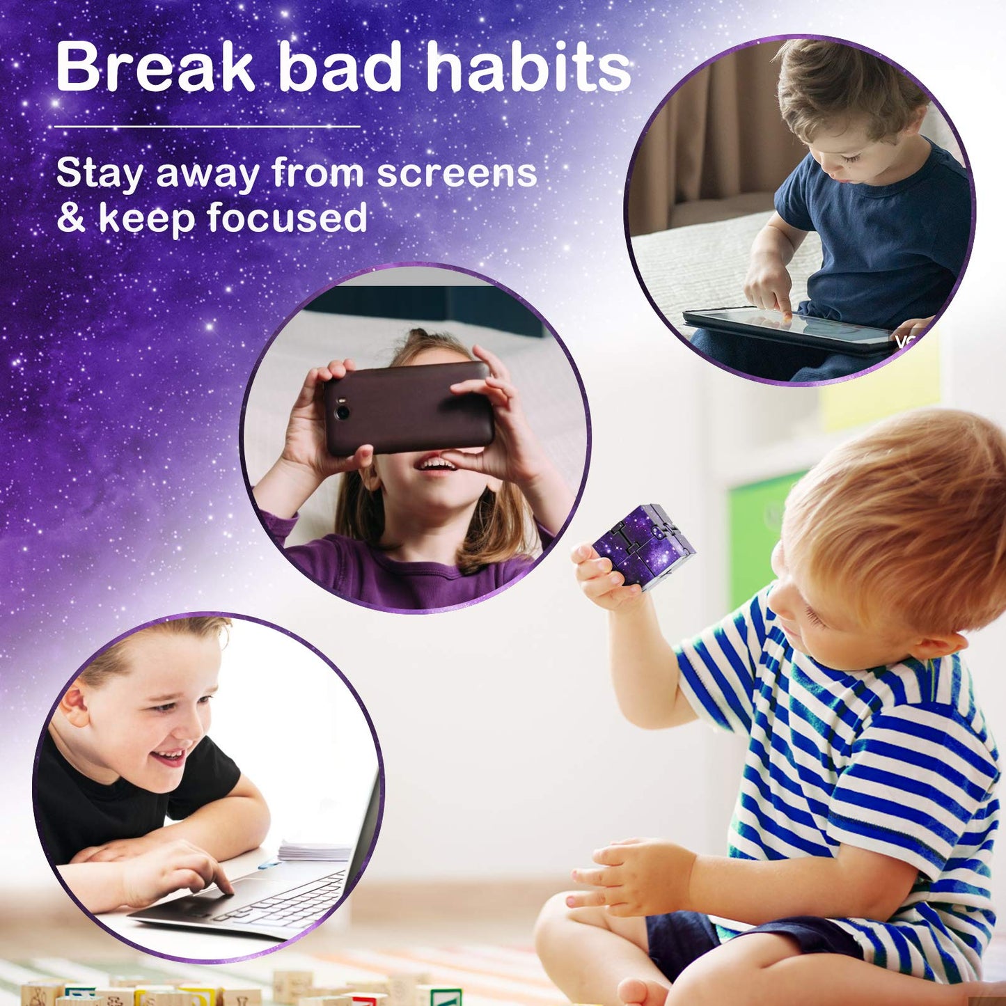WUQID Infinitycube Fidget Toy Stress Relieving Fidgeting Game for Kids and mature-themeds Cute Pocket-Sized Unique Gadget for Anxiety Relief and Kill Time (2  Blue & Purple Galaxy)