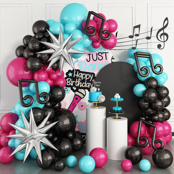 Tik Music Birthday Party Decorations,Rose Red Blue Black Balloon Garland With Explosion Star Foil Balloons For Music Hip Hop Theme Birthday Graduation Party Supplies