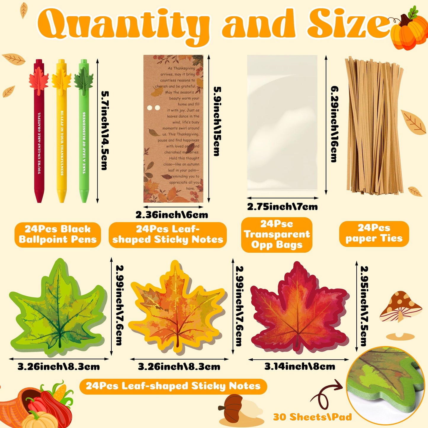 TICIAGA Thanksgiving Day Party Gifts - 24 Pack Fall Ballpoint Pen with Thank You Card and Maple Leaf Sticky Note Gift Set from S
